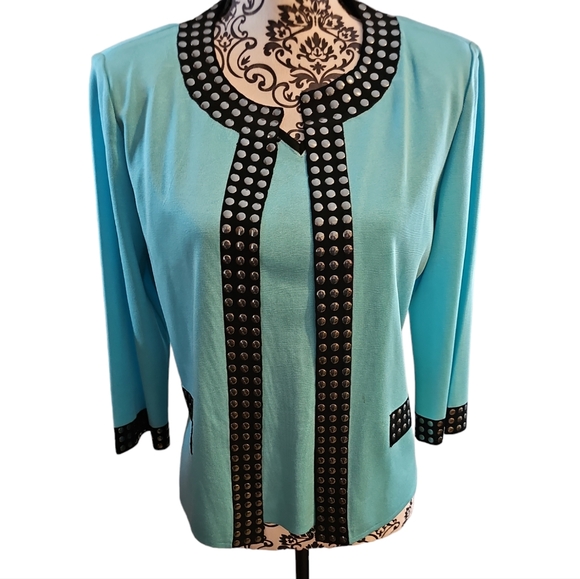Ming Wang sz medium turquoise black cardigan with sz small shell - Picture 1 of 10